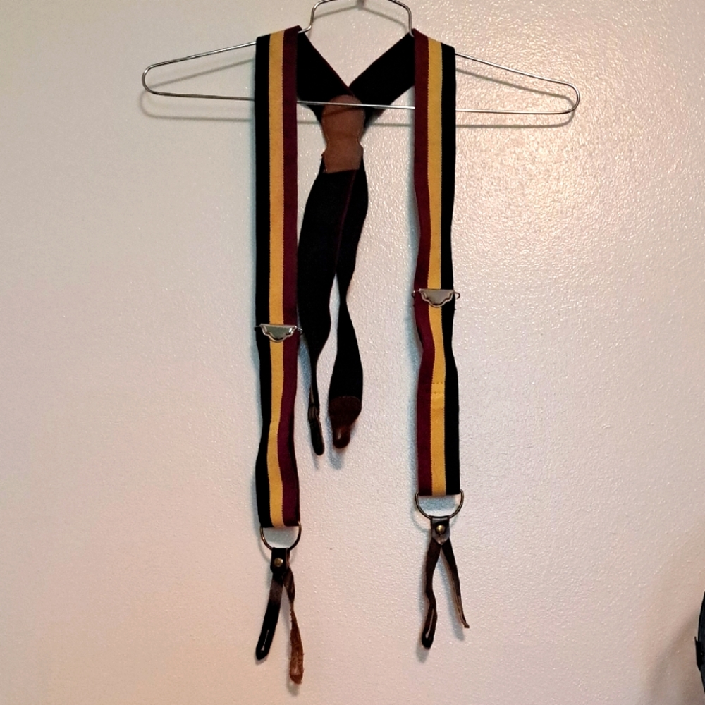 Vintage Striped Suspenders 1 5/8" Wide Leather Button Adjustable